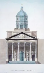 Kościół św. Jacquesa, Bruksela, z Choice of the Most Outstanding Monuments, Buildings and Houses of the Kingdom of the Netherlands autorstwa Pierre Jacques Goetghebuer, opublikowany w 1827 (akwatinta) (patrz także 186059)